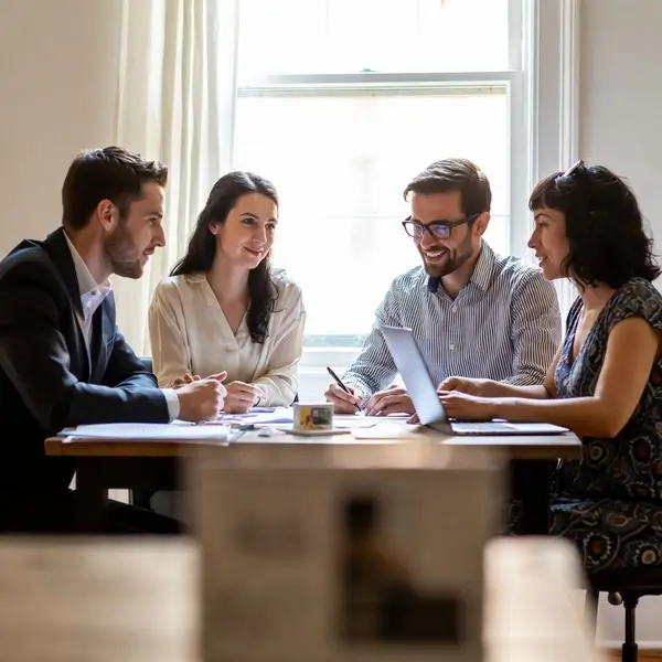 Diverse team collaborating around product samples in a warm, professional workspace