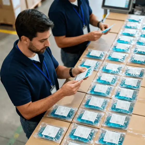 Careful fulfillment staff packing reusable gel packs in a bright, organized space