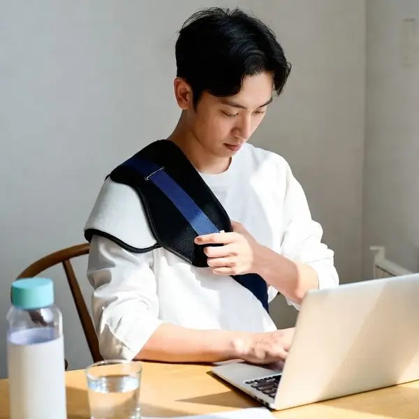 Person adjusting a shoulder ice wrap while working at home