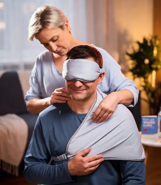 Indoor lifestyle scene of family using eye mask and shoulder wrap for comfort