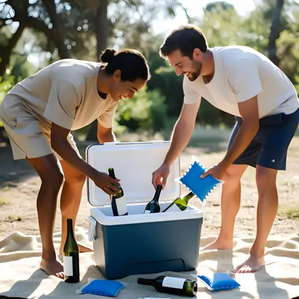 Outdoor scene of friends using a wine cooler sleeve for a picnic